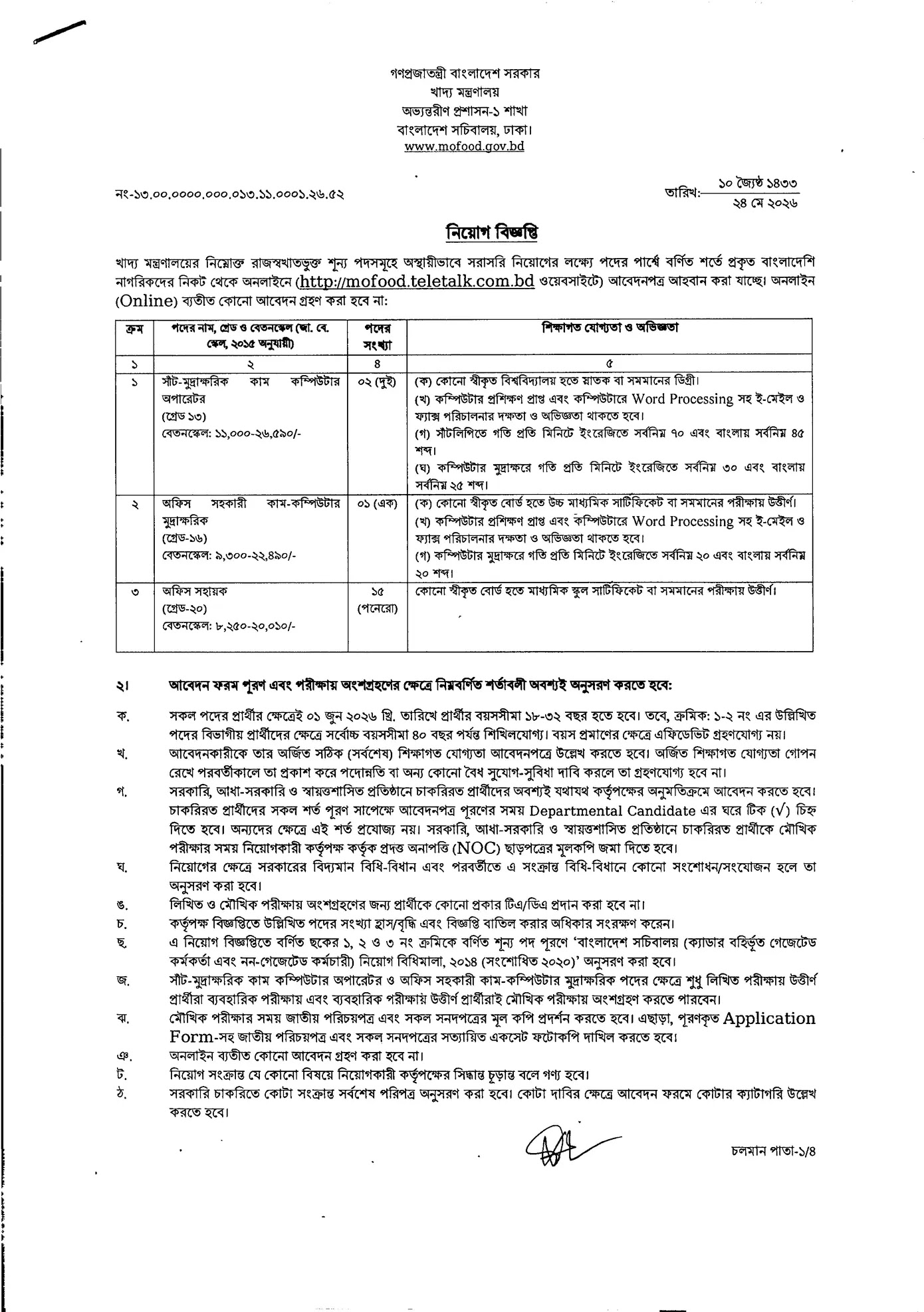 Ministry of Food MFOOD Job Circular 2026-1