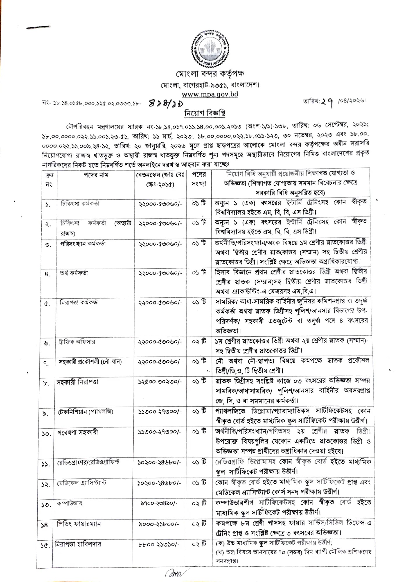 1779908459 822 ১৩৯ জন মোংলা বন্দর কর্তৃপক্ষ নিয়োগ বিজ্ঞপ্তি ২০২৬ MPA Job