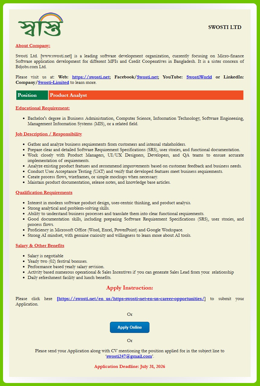 Swosti Limited Job Circular 2026