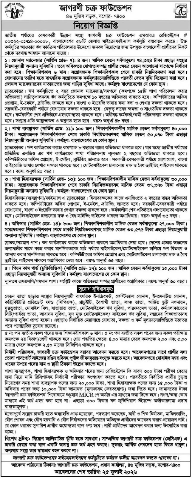 ১১০৪ পদে জাগরণী চক্র ফাউন্ডেশন নিয়োগ বিজ্ঞপ্তি ২০২৬ Jagorani Chakra Foundation Job Circular 2026 6 Jagorani Chakra Foundation Job Circular 2026