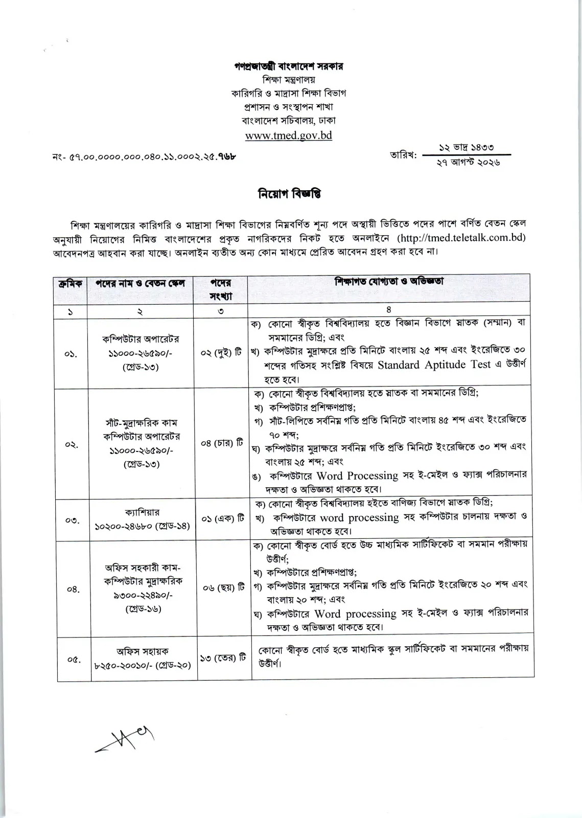 ২৬ পদে কারিগরি ও মাদ্রাসা শিক্ষা বিভাগ নিয়োগ ২০২৬ সার্কুলার প্রকাশিত! TMED Job Circular 2026 6 TMED Job Circular 2026 Image 01