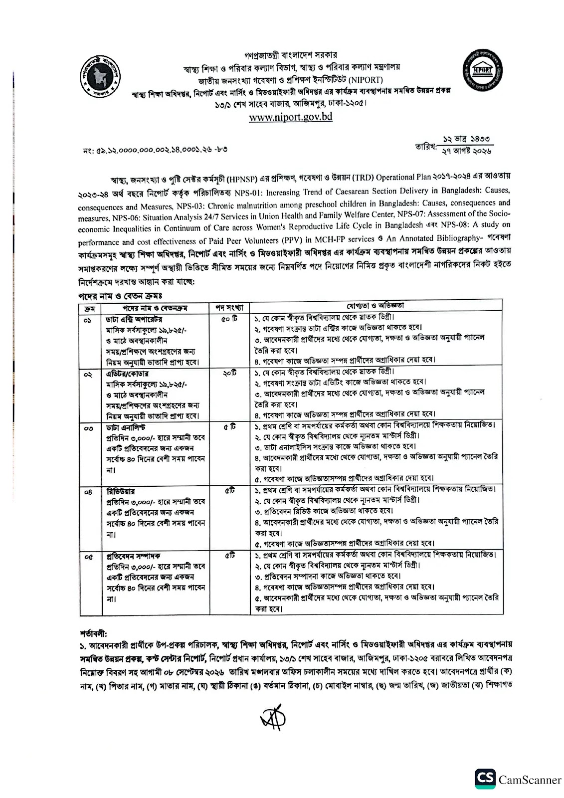 NIPORT Job Circular Page 1
