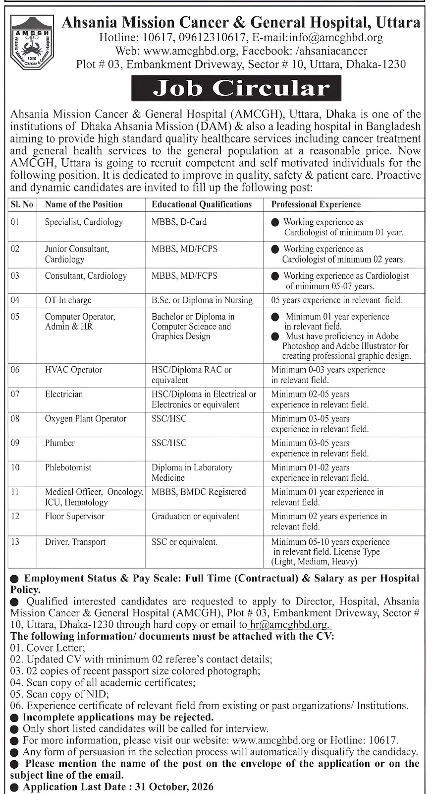 Ahsania Mission Cancer & General Hospital Job Circular 2026 Official Image
