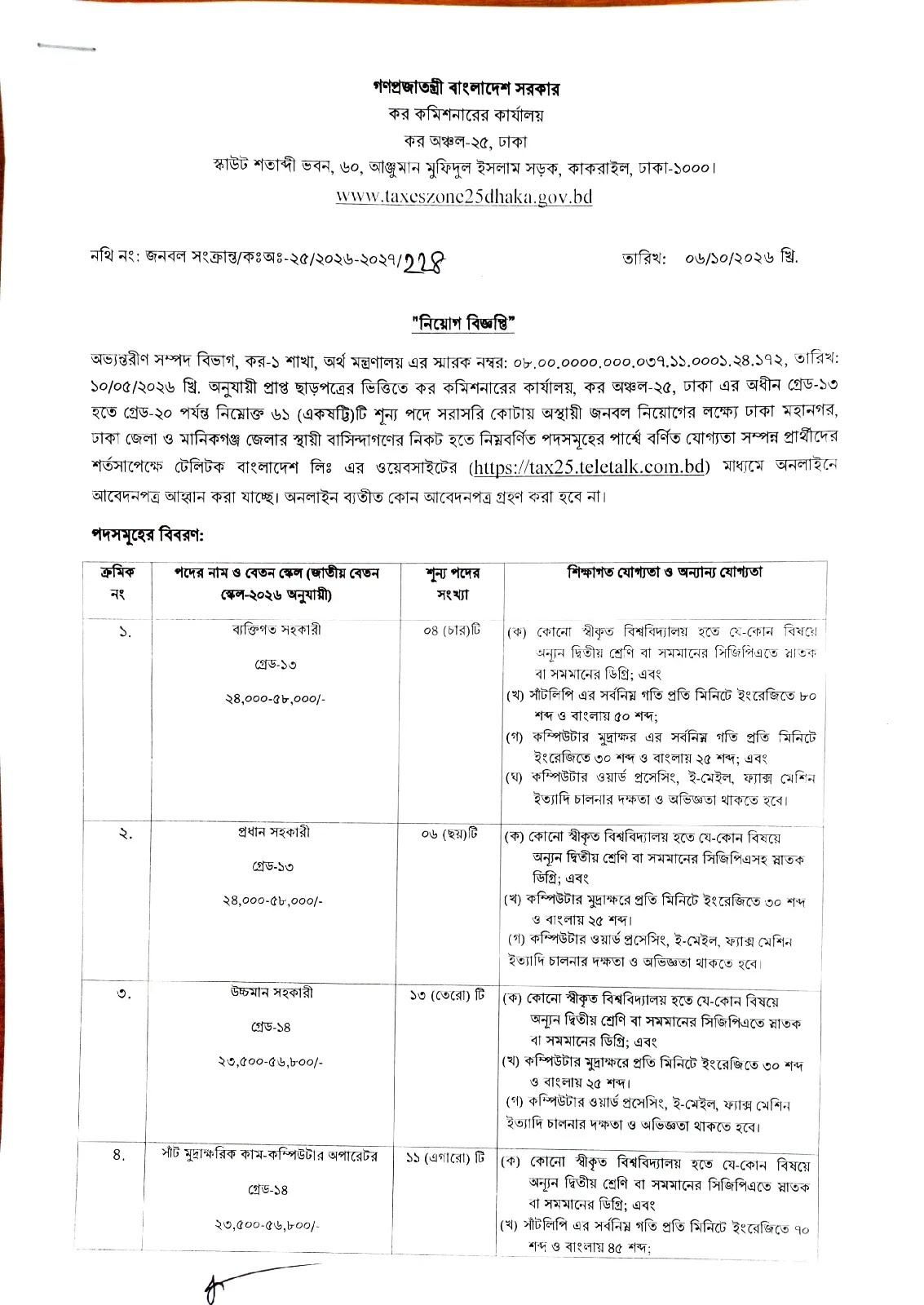 ৬১ পদে কর অঞ্চল-২৫ ঢাকা নিয়োগ বিজ্ঞপ্তি ২০২৬ প্রকাশিত! 6 ৬১ পদে কর অঞ্চল ২৫ ঢাকা নিয়োগ বিজ্ঞপ্তি ২০২৬ প্রকাশিত