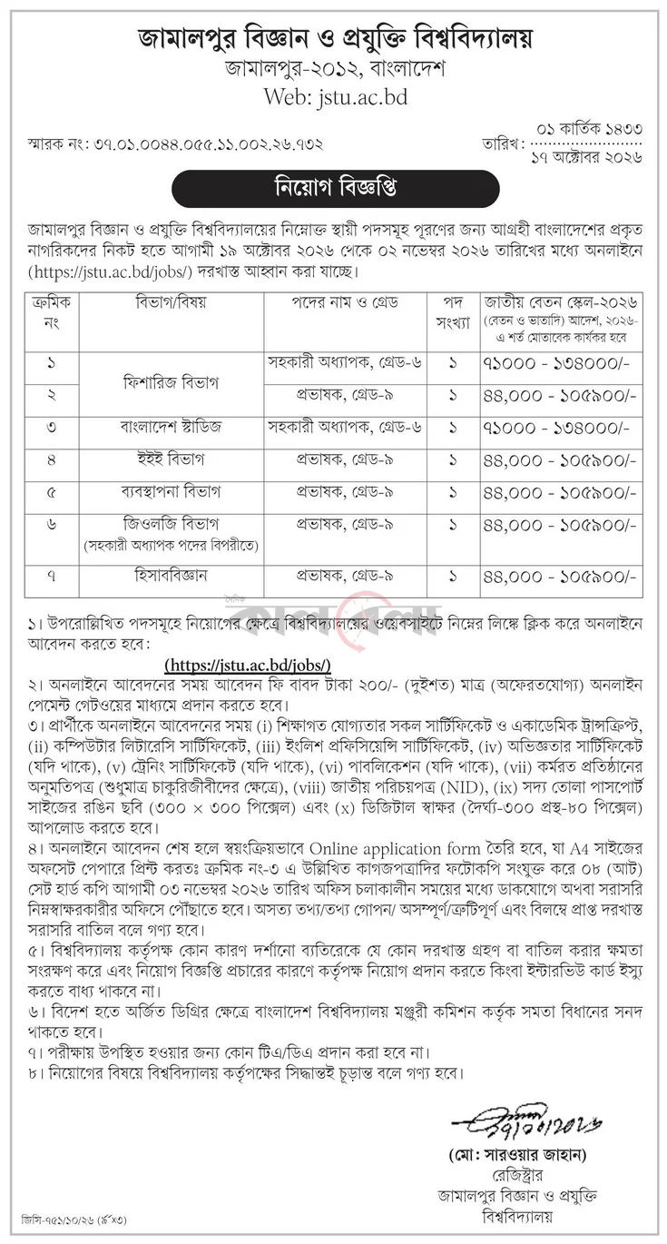 ৭ পদে জামালপুর বিজ্ঞান ও প্রযুক্তি বিশ্ববিদ্যালয় নিয়োগ বিজ্ঞপ্তি ২০২৬ JSTU Job Circular 2026 6 Jamalpur Science and Technology University JSTU Job Circular 2026